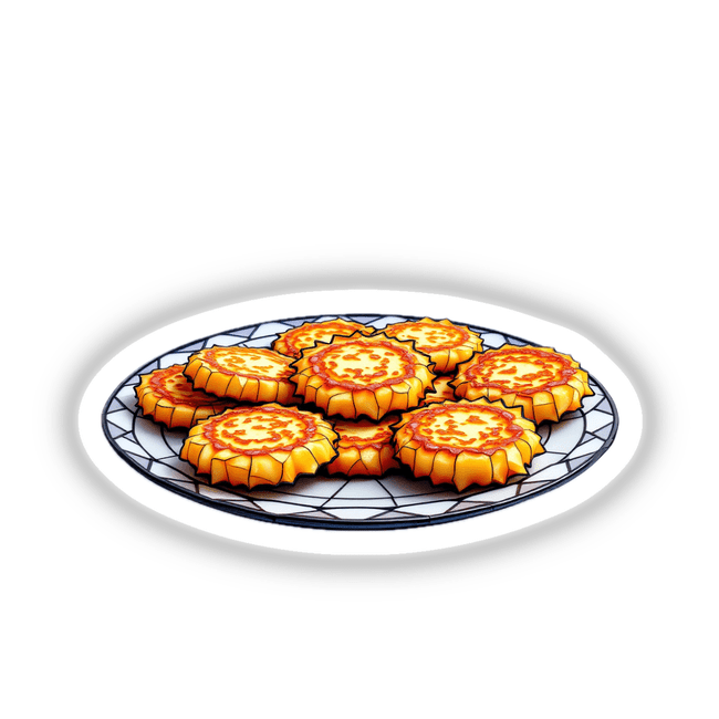 Latke Platter Stained Glass Style depicted as a whimsical pizza design, available as stickers or digital artwork, showcasing unique detailing in a snack-inspired motif.