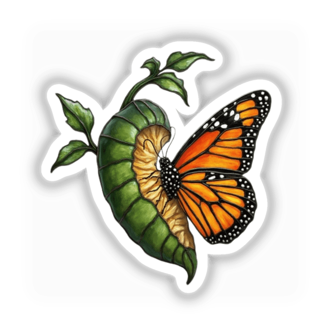 Stained Glass Butterfly Emerging Clipart with Commercial Rights & Sticker, featuring a detailed butterfly resting on a leaf, ideal for unique vinyl stickers and digital art from Decal Venue.