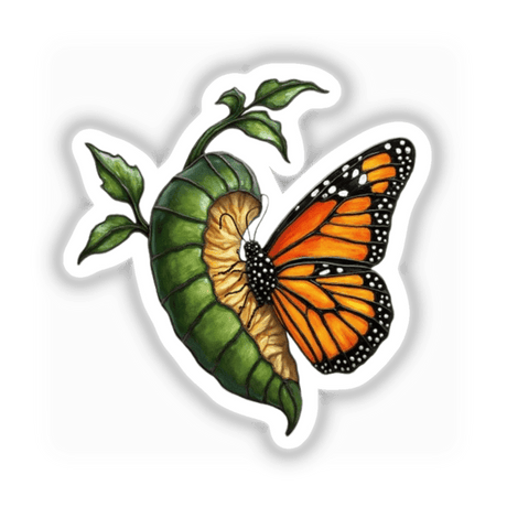 Stained Glass Butterfly Emerging Clipart with Commercial Rights & Sticker, featuring a detailed butterfly resting on a leaf, ideal for unique vinyl stickers and digital art from Decal Venue.