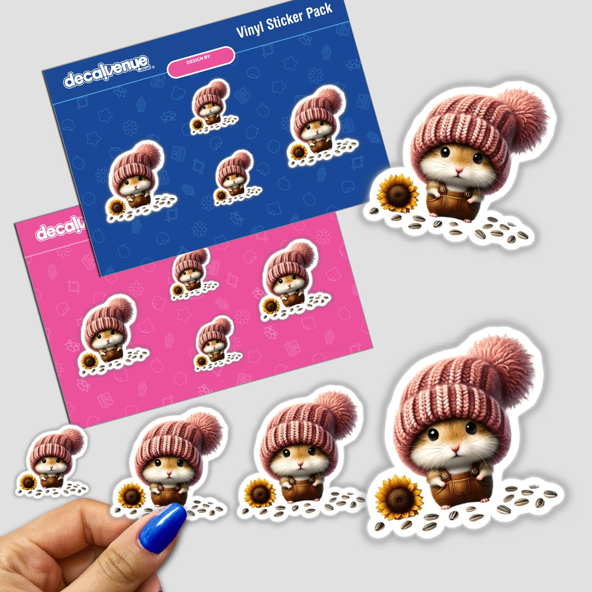 Hamster Gnome with Sunflower Seeds Stickers and Digital Art, showcasing a cute hamster in a pink beanie holding sunflower seeds, available as vibrant vinyl stickers or digital artwork.