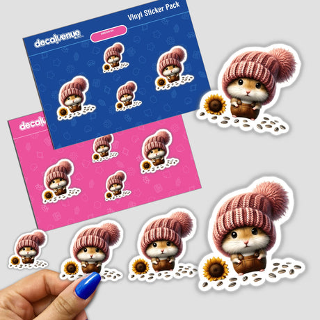 Hamster Gnome with Sunflower Seeds Stickers and Digital Art, showcasing a cute hamster in a pink beanie holding sunflower seeds, available as vibrant vinyl stickers or digital artwork.