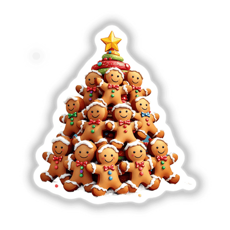 Gingerbread Men Pile Christmas Tree features a whimsical arrangement of gingerbread men with bow ties, topped with a yellow star, available as unique stickers or digital artwork from Decal Venue.