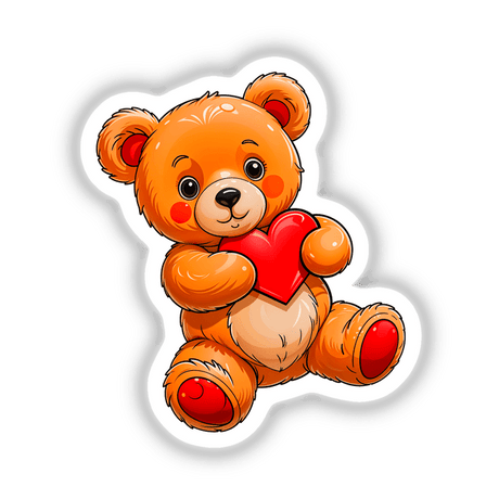 Cute Valentine's Day Teddy Bear cartoon holding a heart, available as stickers or digital artwork, representing Decal Venue's unique collection of charming and animated designs.