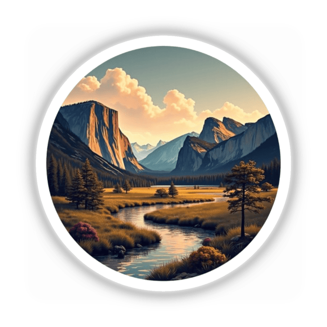 Stunning Mountain Landscape Clipart featuring a river, valley, and trees, perfect for Stickers or Commercial Use Download.