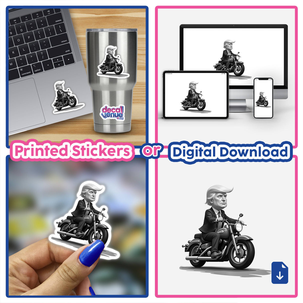 President Donald Trump On A Motorcycle depicted in a collage, featuring various caricatures and illustrations of him riding a motorcycle, available as unique stickers or digital artwork.