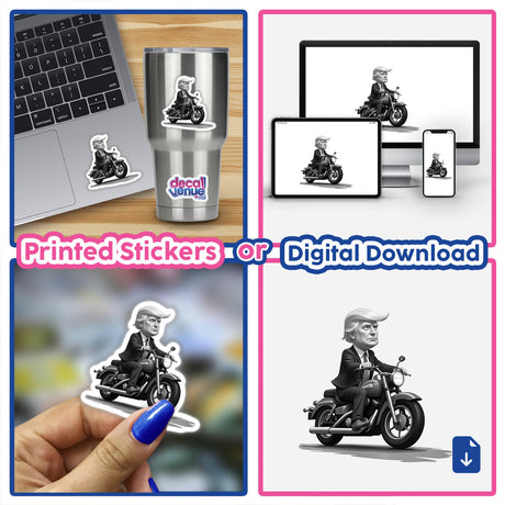 President Donald Trump On A Motorcycle depicted in a collage, featuring various caricatures and illustrations of him riding a motorcycle, available as unique stickers or digital artwork.