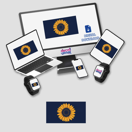 Sunflower-themed design displayed on a laptop and cellphone screen, available as stickers or digital artwork. Perfect for adding a unique touch to devices from Decal Venue.