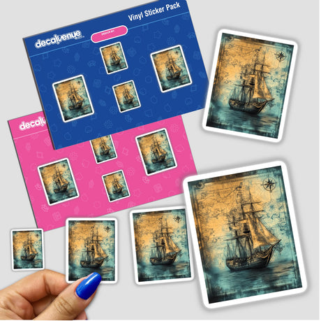 Galleon on Antique Map sticker showing a detailed ship illustration over an old map, held by a hand with blue nail polish. Available as stickers or digital artwork.