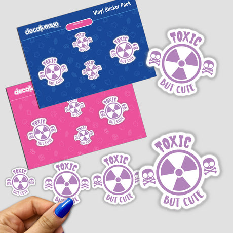Sticker pack titled Toxic But Cute Warning Sign, featuring a hand holding a sticker with skulls and crossbones, embodying unique vinyl design from Decal Venue.