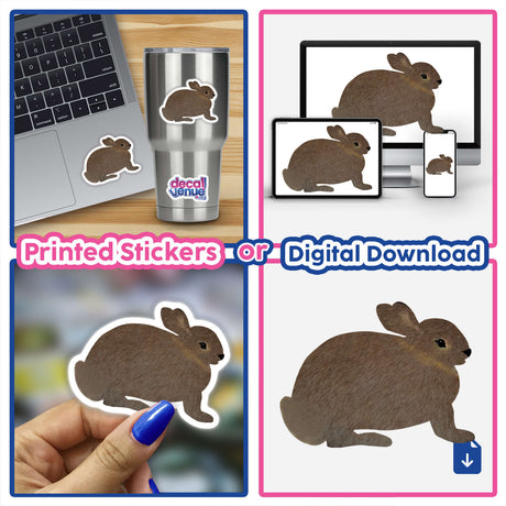 Brown bunny rabbit stickers displayed in various settings, including on a laptop and held by a hand, emphasizing their versatility as both physical stickers and digital artwork.
