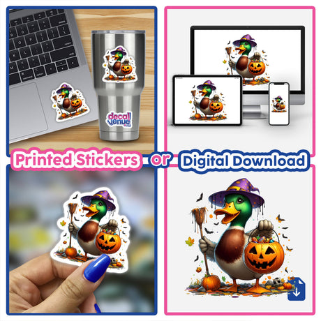 Halloween Mallard Duck Witch sticker or digital artwork featuring a cartoon duck holding a pumpkin and broom, perfect for laptops and cell phones.