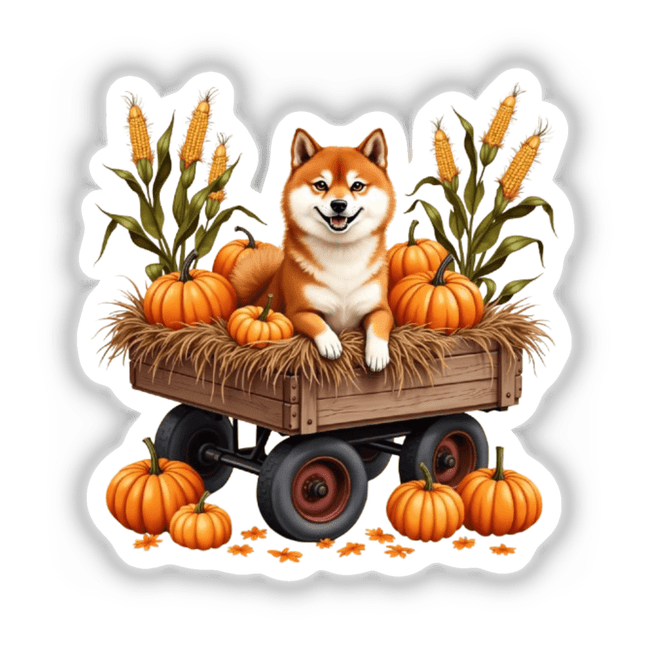 Cozy Fall Aesthetic Shiba Inu Clipart – Stickers or Commercial Rights Download features a Shiba Inu sitting on a wagon with pumpkins and corn, perfect for autumn-themed decor.