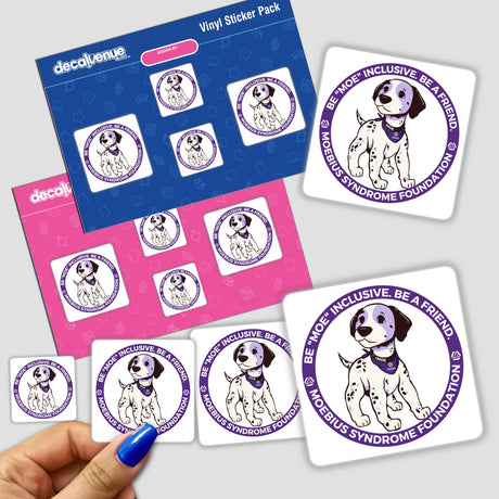 Hand holding “Be 'Moe' inclusive. Be a friend.” stickers featuring a cartoon dog with a purple bandana.