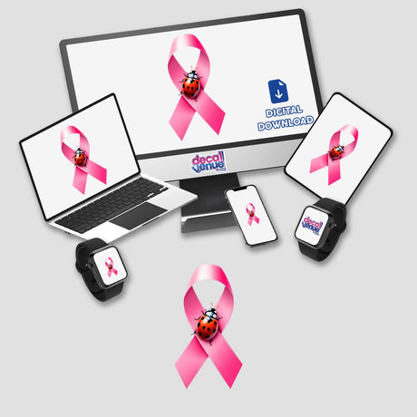 Ladybug Pink Ribbon Breast Cancer-2 features a laptop screen displaying a pink ribbon with a ladybug, available as unique vinyl stickers or digital artwork from Decal Venue.