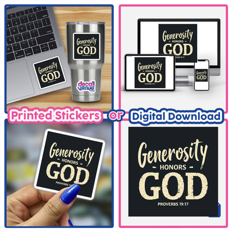 Collage featuring the Generosity Honors God - Proverbs 19:17 Christian Sticker or Clipart, showcasing its design versatility on various surfaces like laptops, emphasizing its unique and versatile use.