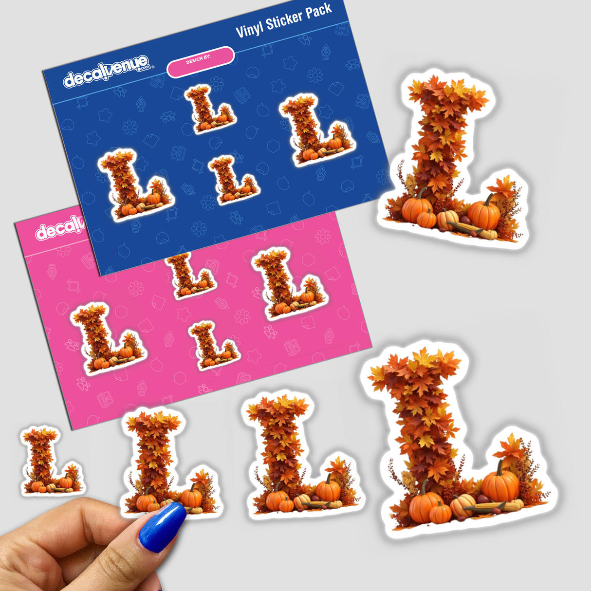 Thanksgiving Letter L Clipart featuring fall leaves and pumpkins, available as stickers or digital artwork for commercial use.