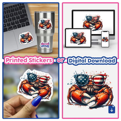 American Steamed Crab design featuring a cartoon crab with sunglasses showcasing the American flag, ideal for stickers or digital art. Perfect for displaying patriotic flair.