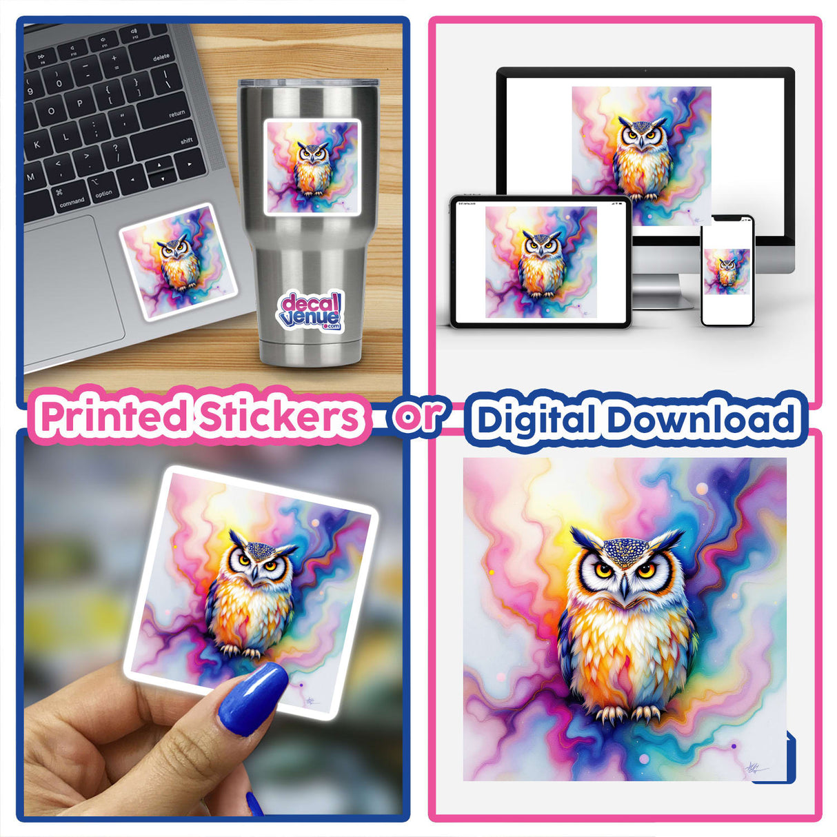 Owl Alcohol Ink Design stickers displayed on a laptop, featuring a vibrant owl with yellow eyes. Available as stickers or digital artwork, showcasing Decal Venue's unique style.