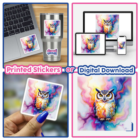 Owl Alcohol Ink Design stickers displayed on a laptop, featuring a vibrant owl with yellow eyes. Available as stickers or digital artwork, showcasing Decal Venue's unique style.