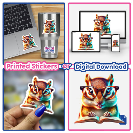 Chipmunk With Reading Glasses Open Book sticker, featuring a cartoon chipmunk engrossed in a book, available as both a sticker and digital artwork from Decal Venue.