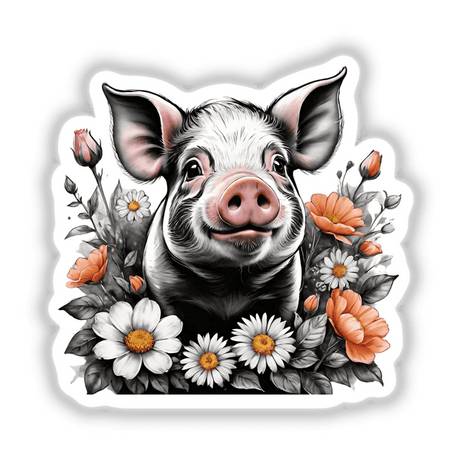 Adorable pig portrait surrounded by vibrant floral accents featuring poppies and daisies, a whimsical digital artwork creation.
