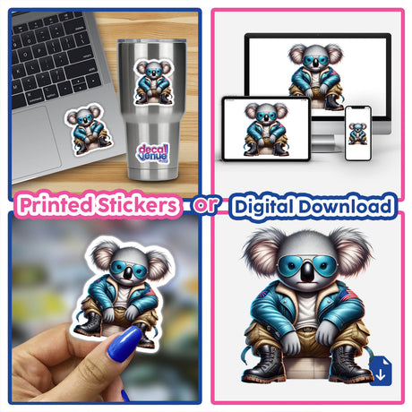 Patriotic Leather Koala Aviator Sunglasses sticker featuring a cartoon koala in sunglasses and a jacket, perfect for DIY crafts on mugs, pillows, and t-shirts.