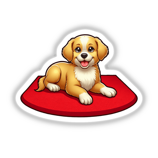 Playful golden puppy on red cushion