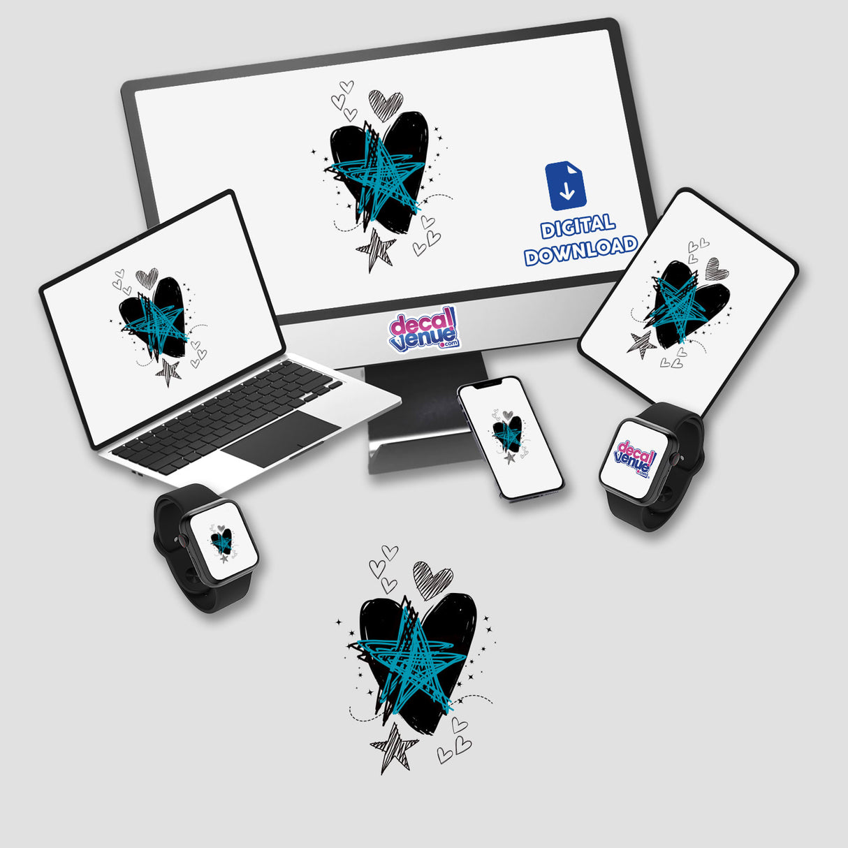 Black heart blue star design displayed on computer monitor and laptop screens, representing the unique sticker or digital artwork available from Decal Venue.