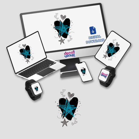 Black heart blue star design displayed on computer monitor and laptop screens, representing the unique sticker or digital artwork available from Decal Venue.