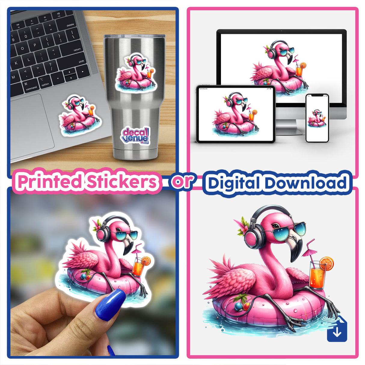 Colorful flamingo digital artwork with headphones and float, displayed on various devices and as a printed sticker