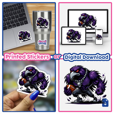 Collage of Purple Raven Bird Football Monster Skull Necklace stickers on various devices and close-ups, showcasing detailed cartoon artwork available from Decal Venue.