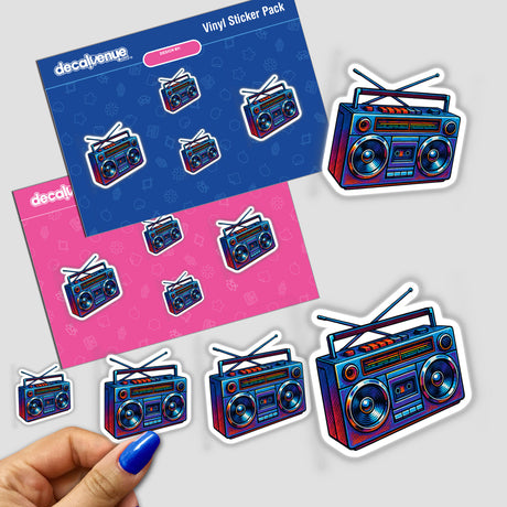 Boombox Clipart PNG & Sticker – Retro 1980s Cassette Printable displayed as a vibrant cartoon-style boombox, ideal for digital downloads or as a durable waterproof sticker for music enthusiasts and crafters.
