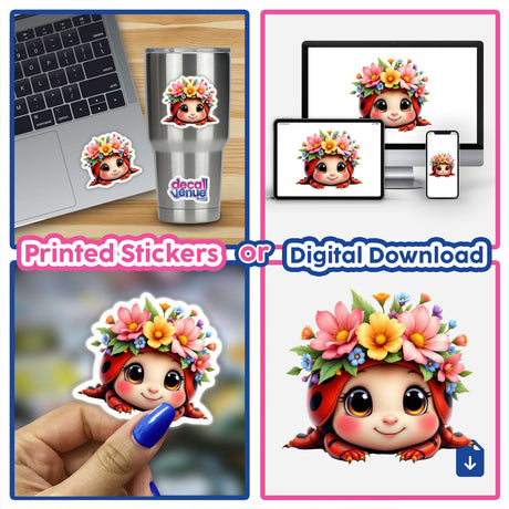 Adorable Ladybug with a Spring Flower Crown featured in a collage of stickers and digital artwork, showcasing its charming design ideal for decorating various surfaces or digital spaces.