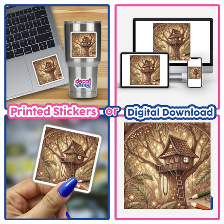 Collage showcasing the Enchanted Treehouse Hideaway as a sticker or digital artwork, featuring a laptop with a treehouse image, a hand holding a printed treehouse, and drawing tools.