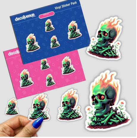 Sticker pack featuring 'A Skull And Bones On Fire,' showcasing a series of vibrant skull designs with flames, available as unique vinyl stickers or digital artwork from Decal Venue.