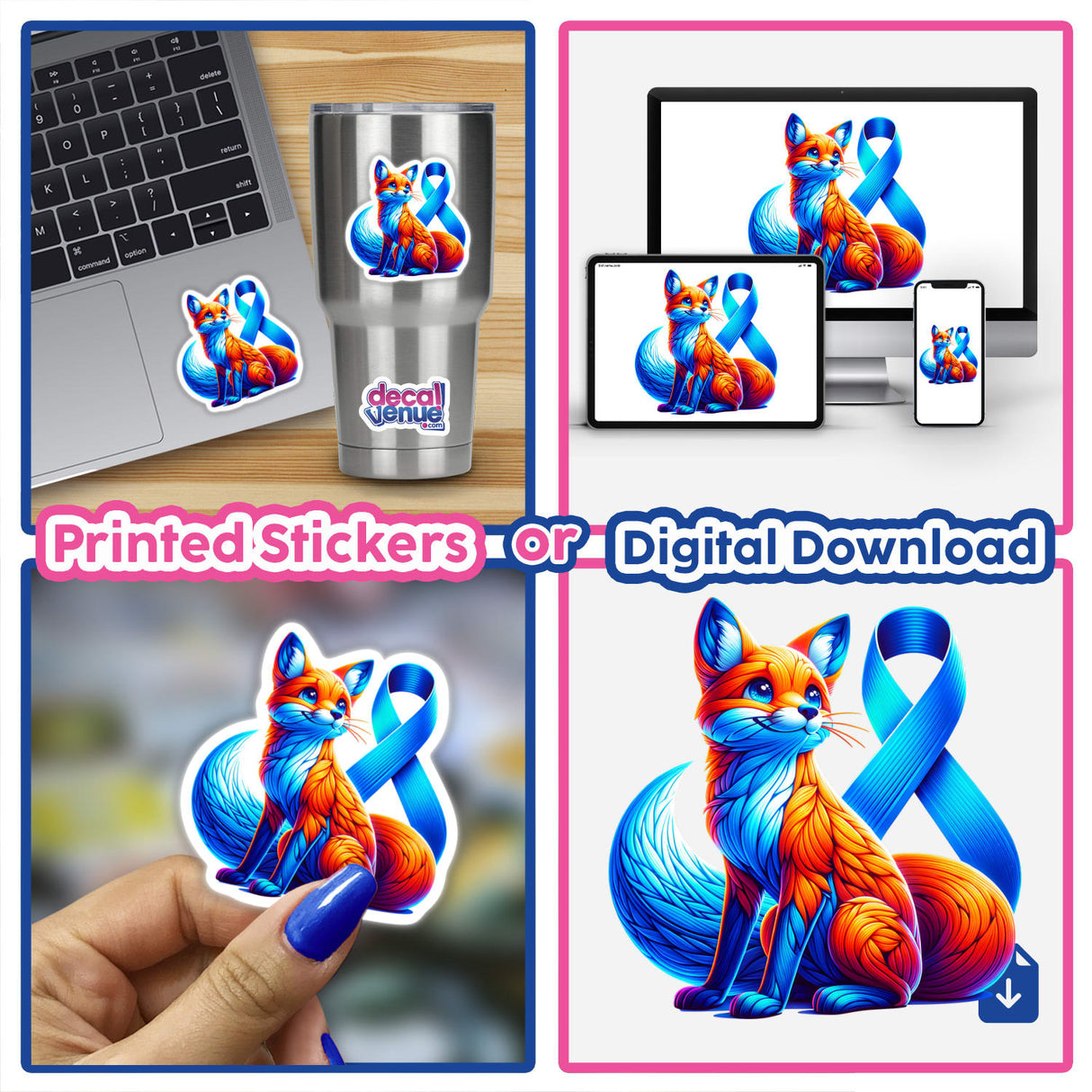 Fox Blue Ribbon Colon Cancer Awareness sticker featuring a colorful fox with a blue ribbon, displayed on a laptop, emphasizing support and awareness for colon cancer. Available as stickers or digital artwork.
