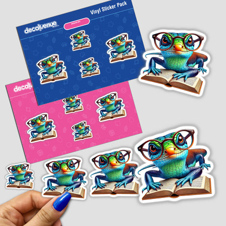 Skink Lizard With Reading Glasses Open Book sticker featuring a cartoon lizard wearing glasses, engrossed in a book. Available as unique vinyl stickers or digital artwork from Decal Venue.