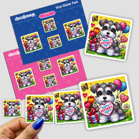 Mother’s Day Garden Schnauzer sticker featuring a cartoon dog holding a heart amid flowers and balloons, capturing a whimsical and loving scene. Available as a sticker or digital artwork.