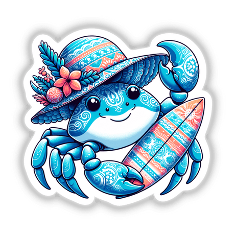 Crab in Summer Beach Hat with Surfboard