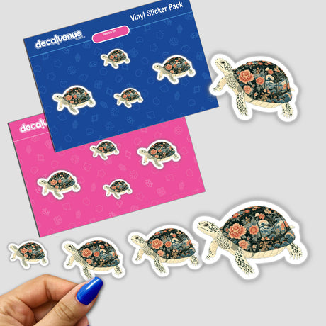 Chinoiserie Turtle stickers featuring turtles adorned with intricate floral designs, available as both physical stickers and digital artwork.