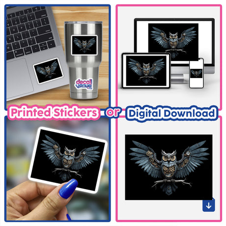 Steampunk Owl with Mechanical Wings and Intricate Gears featured as a vinyl sticker or digital artwork, showcasing detailed gears and metal elements, suitable for laptops or decor.