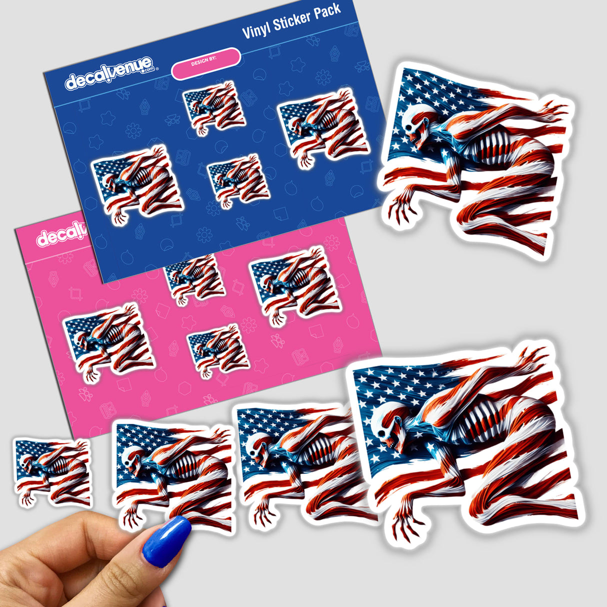 Patriotic Zombie American Flag Stars Stripes sticker featuring a skeleton holding a flag. Perfect for 4th of July, Halloween, or showing USA pride.