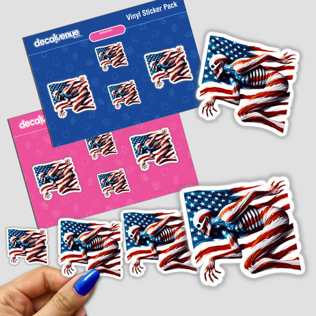 Patriotic Zombie American Flag Stars Stripes sticker featuring a skeleton holding a flag. Perfect for 4th of July, Halloween, or showing USA pride.