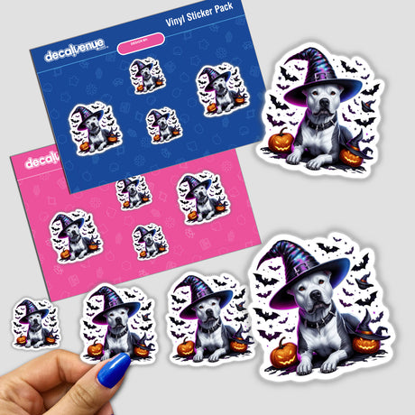 Adorable Halloween-themed sticker pack featuring a white pitbull dog wearing a witch's hat and surrounded by pumpkins, bats, and other spooky elements. The stickers are perfect for adding a festive touch to various surfaces and crafts.