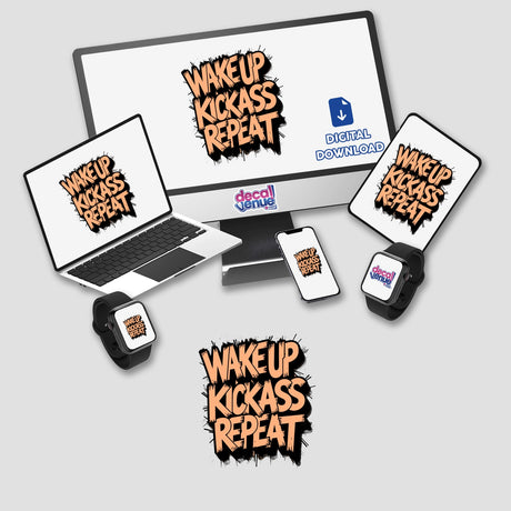 Wake Up Kick Ass Repeat Funny Quote displayed on a computer monitor and laptop, available as stickers or digital artwork.