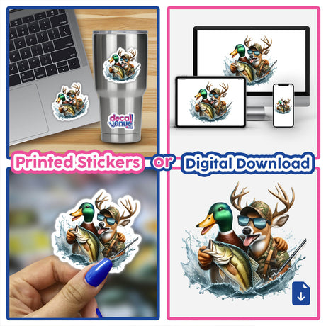 Collage featuring Duck Deer and Fish Hunting Buddies decals, showcasing cartoon animals in various whimsical scenarios, perfect as unique vinyl stickers or digital artwork from Decal Venue.