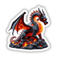 Molten Lava Dragon statue depicted with glowing eyes and intricate flames, available as stickers or digital artwork from Decal Venue, specializing in unique designs.