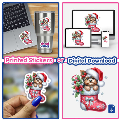 Peeking Santa Yorkie Dog Sparkly Mistletoe Christmas Stocking stickers and digital artwork, featuring a Yorkie dog inside a festive stocking, perfect for holiday decoration.