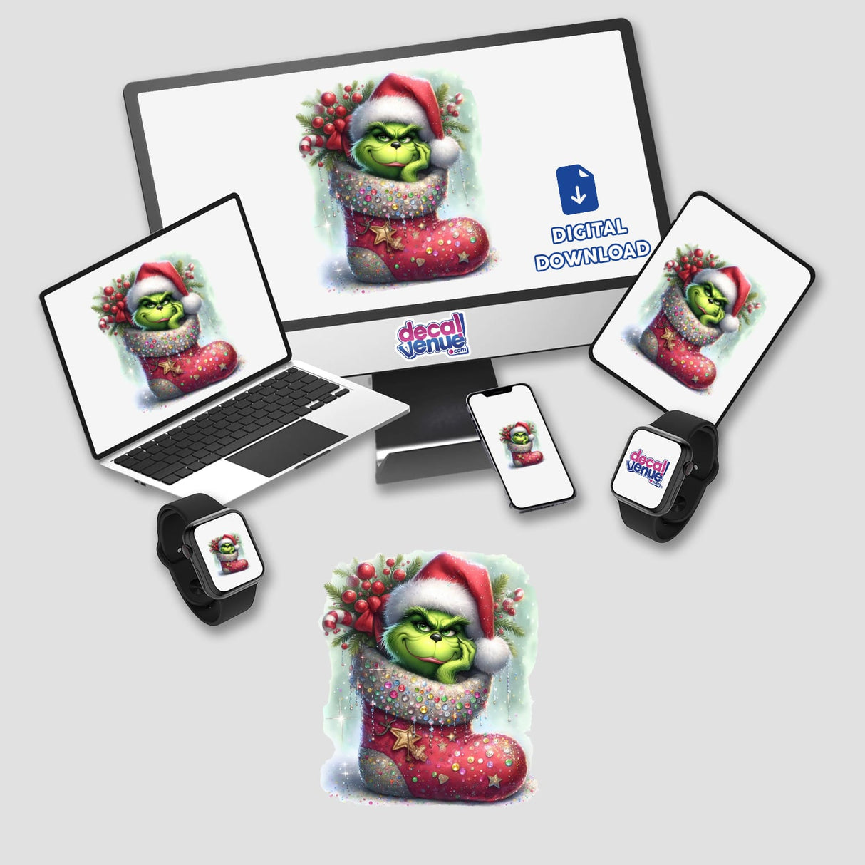 Watercolor Green Grouch in Embellished Christmas Stocking displayed on devices, available as stickers or digital artwork from Decal Venue, featuring a festive-themed cartoon character.
