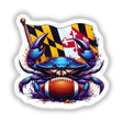 Protect This House Purple Football Maryland Crab illustration showcases a cartoon crab holding a football and flag, available as unique stickers or digital artwork from Decal Venue.